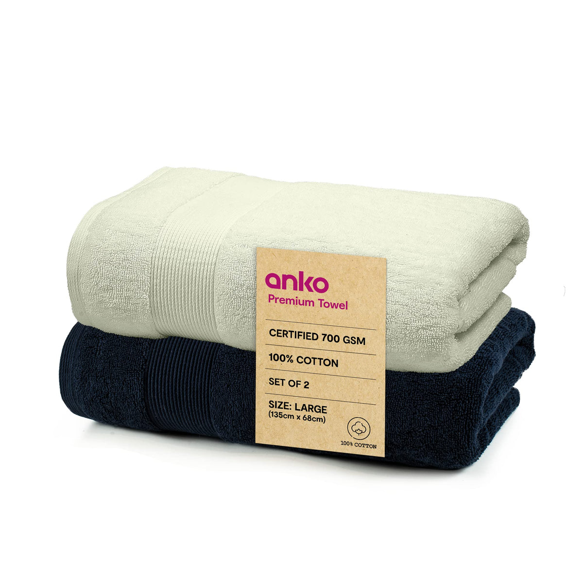 Anko Australia 100% Cotton 700 GSM Large Plush Bath Towel | Set of 2 | Super-Soft, Absorbent, Quick-Drying | Navy Blue & Moss Green Towel for Men, Women & Kids | 135x68 cm |Travel, Gym, Spa Towel