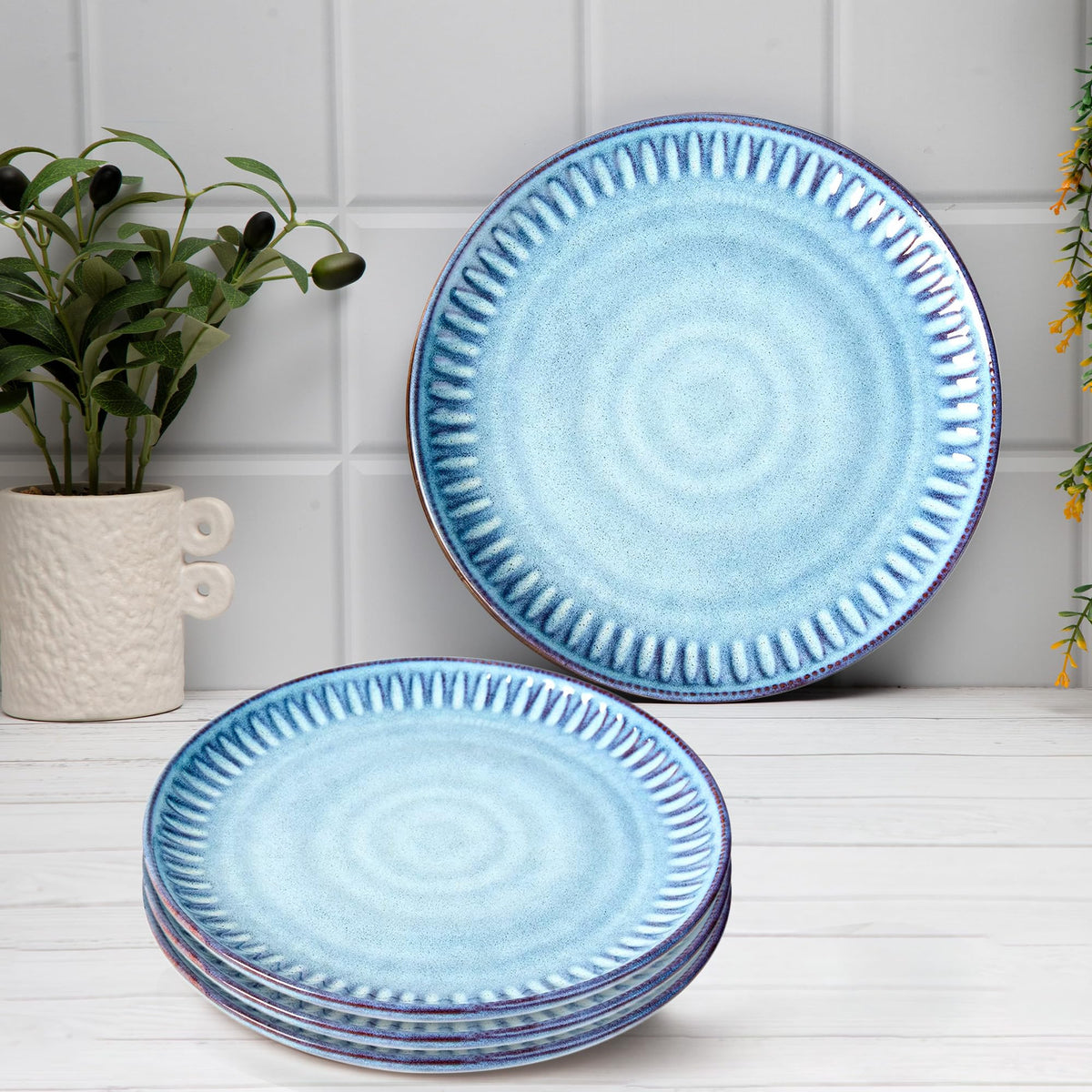 Anko Maison Stoneware Side Plates - Set of 4 | Premium Crockery for Dining Table Ideal for Serving Starters, Salad, Dessert | Designer Glazed Quarter Plates for Home, Kitchen, Restaurant | 8.5", Blue