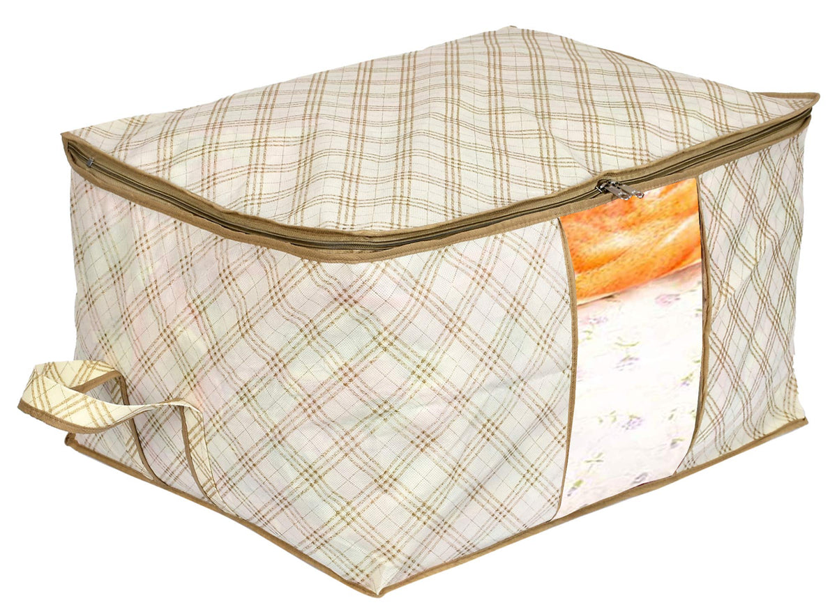 Kuber Industries Metallic Checkered Print Non-Woven Underbed Bag|Storage Organiser|Blanket Cover with Transparent Window|Storage Bag For Clothes Large (Ivory, pack of 1)