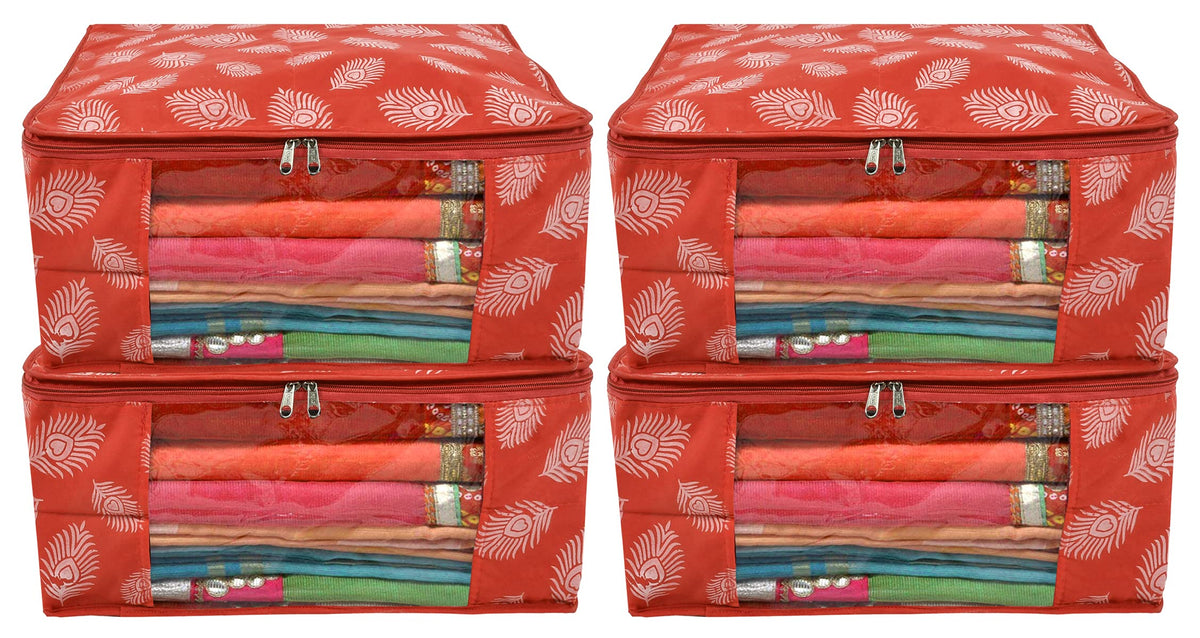 Kuber Industries Leaf Printed Saree Cover/Clothes Organiser For Wardrobe With Transparent Window, Pack of 4 (Orange)