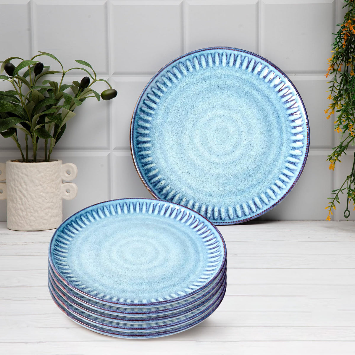 Anko Maison Stoneware Side Plates - Set of 6 | Premium Crockery for Dining Table Ideal for Serving Starters, Salad, Dessert | Designer Glazed Quarter Plates for Home, Kitchen, Restaurant | 8.5", Blue