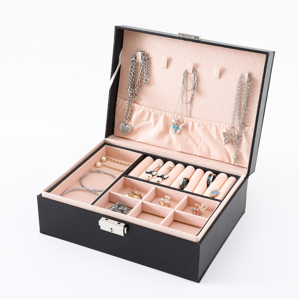 Kuber Industries Pack of 2 Mini Jewelry Box | Travel Jewellery Organizer Storage Box | Portable Case for Rings Earrings | Portable Jewelry Organizer | Proposal Gifts for Women Girl |YXX-025 | Black