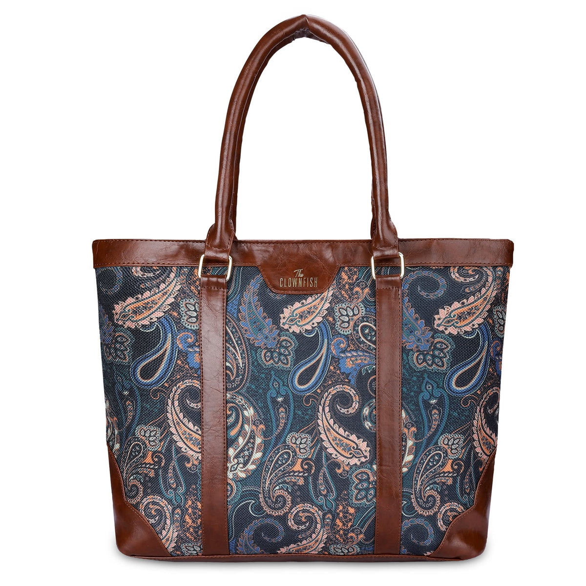 THE CLOWNFISH Miranda Series 15.6 inch Laptop Bag For Women Printed Handicraft Fabric & Faux Leather Office Bag Briefcase Hand Messenger bag Tote Shoulder Bag (Peacock Blue)