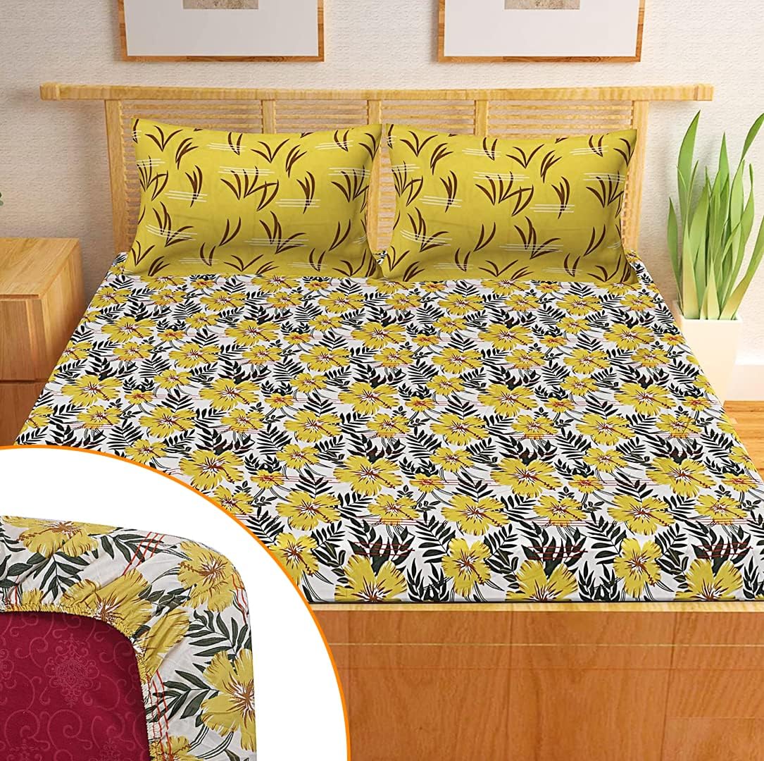 Kuber Industries Micro 130 GSM Double Bedsheet with 2 Pillow Cover (Yellow) (Pack of 2)
