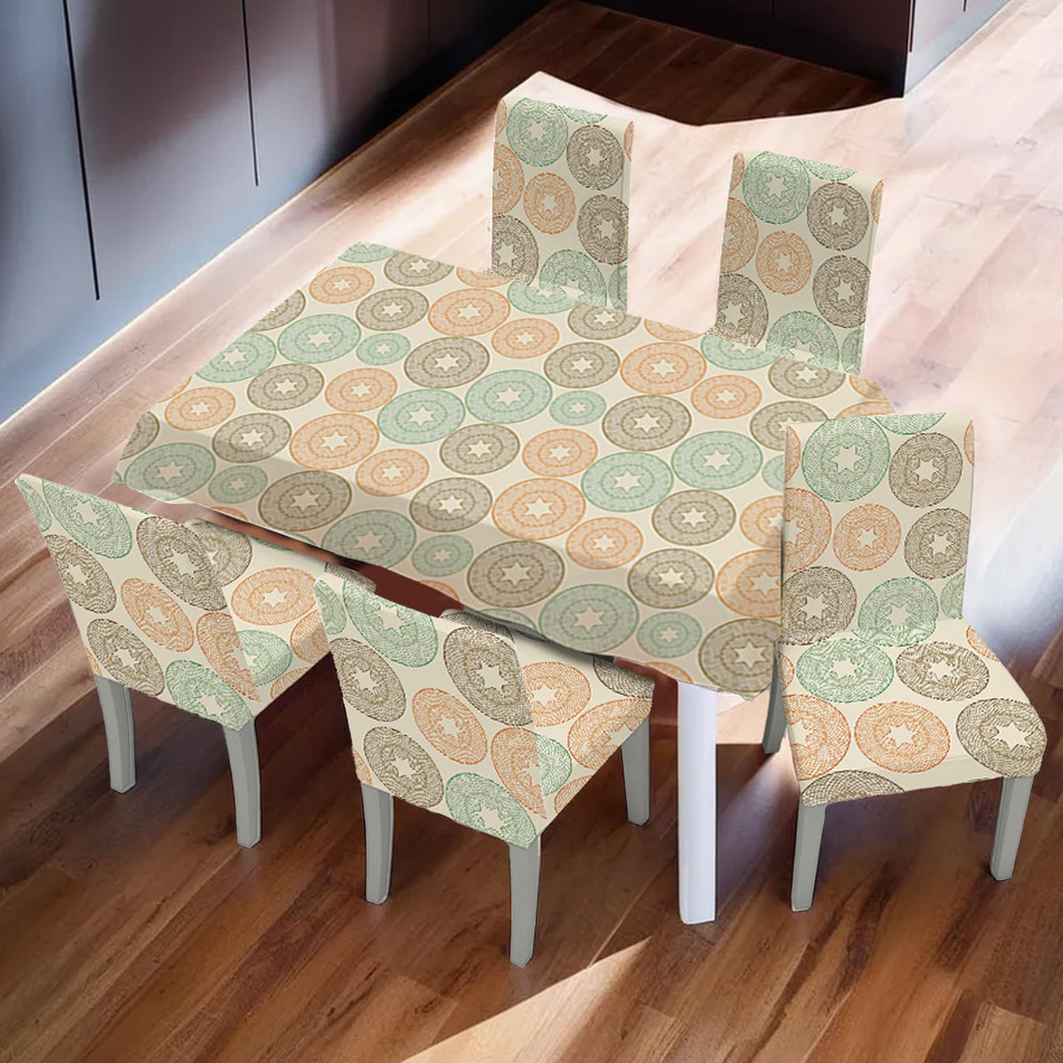 UMAI Dining Table Cloth | Dining Table Cover 6 Seater Cover Set | Water Proof Cloth Dust and Oil Repellent Washable | 6 Chairs 1 Table Cover| Multicolor Circular Pattern