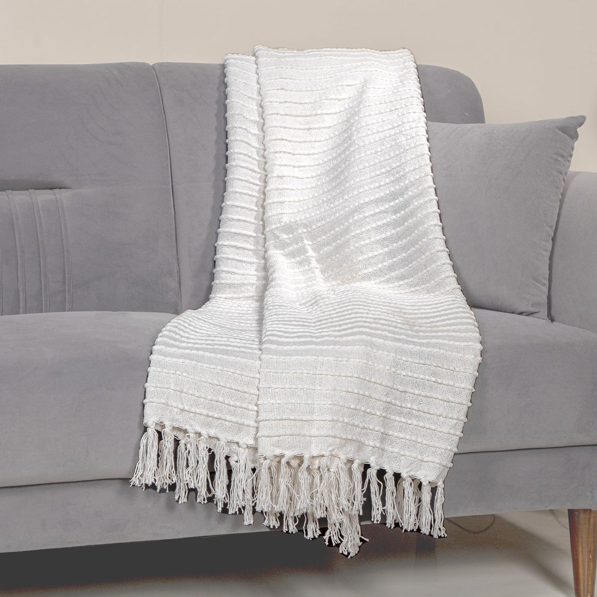 Anko Cotton Throw for Living Room, Bed, Couch, Chair, Gift | Soft & Cozy Decorative AC Blanket | Reversible & Breathable Ultra Soft & Lightweight Sofa Runner Quilt with Tassles |152 x 127cm, White