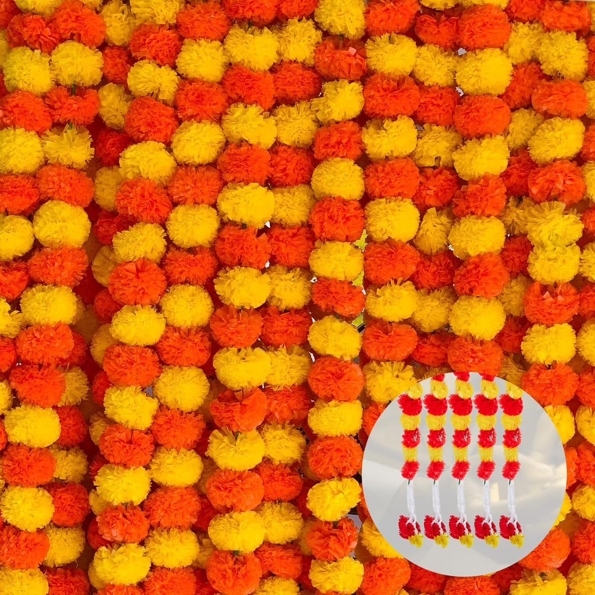 Ekhasa Artificial Yellow & Orange Hanging Marigold Garlands for Home Decoration | Garland Ladi for Diwali, Pooja, Ganpati, Festival, Temple Decor | Banthi Poola Dandalu | (Set of 5, 5 feet Each)