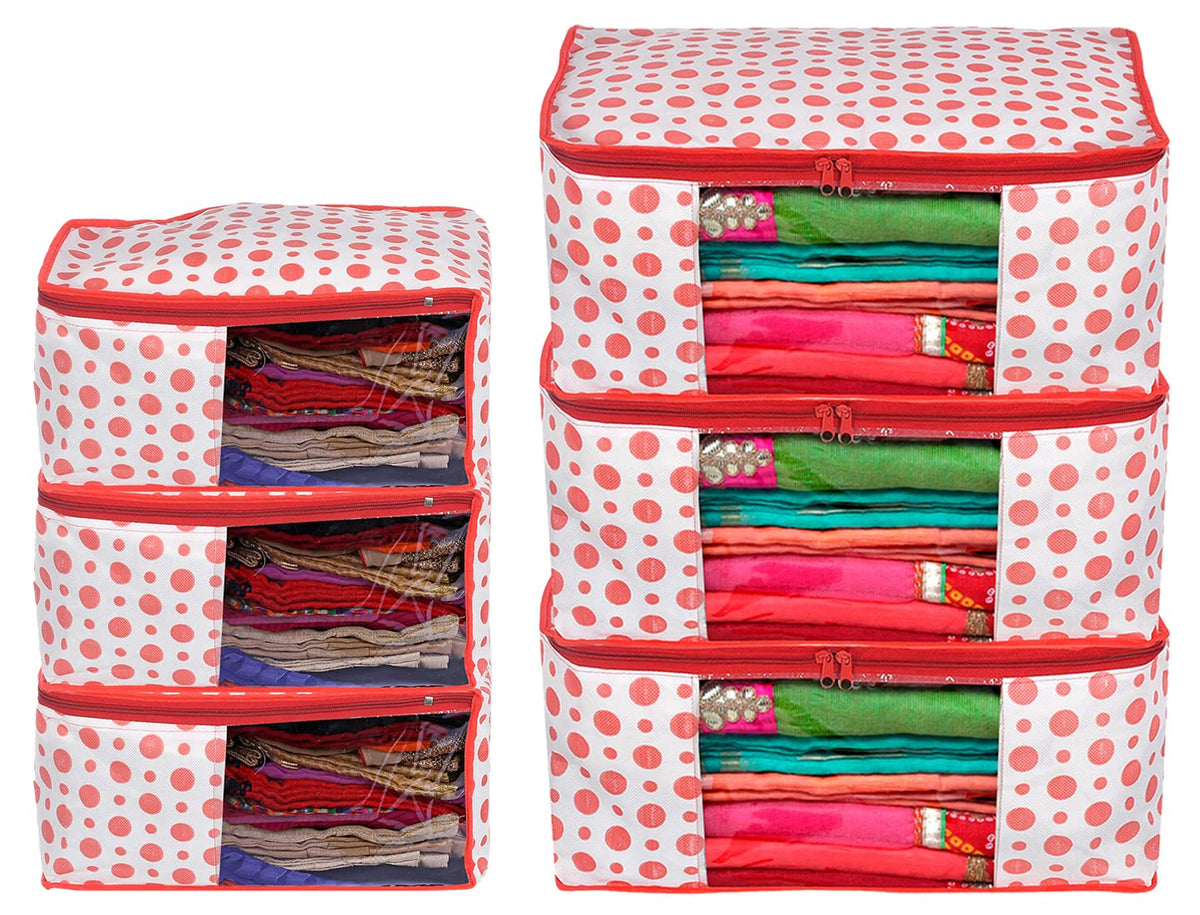 Kuber Industries Dot Printed Non-Woven Blouse & Saree Cover, Cloth Organizer Set, Wardrobe Organiser With Tranasparent Window- Pack of 6 (Pink)-46KM0476