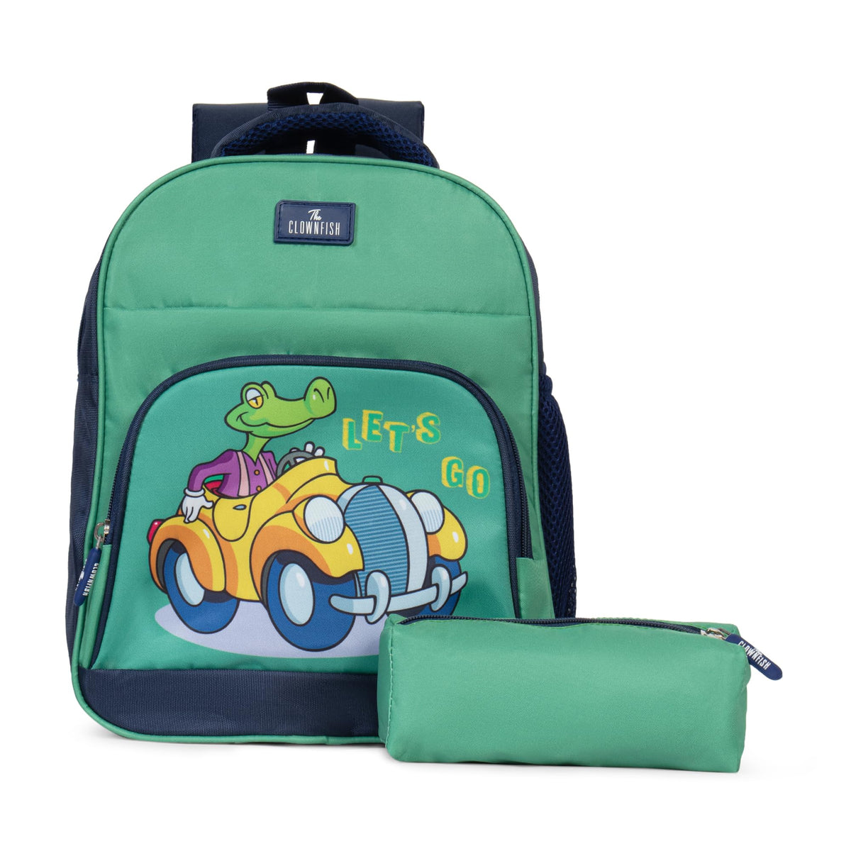 THE CLOWNFISH Mini Explorer Series Printed Polyester 12 Litres Kids Backpack School Bag with Pencil Staionery Pouch Daypack Picnic Bag for Tiny Tots. Age 3-5 Years (Green - Car)