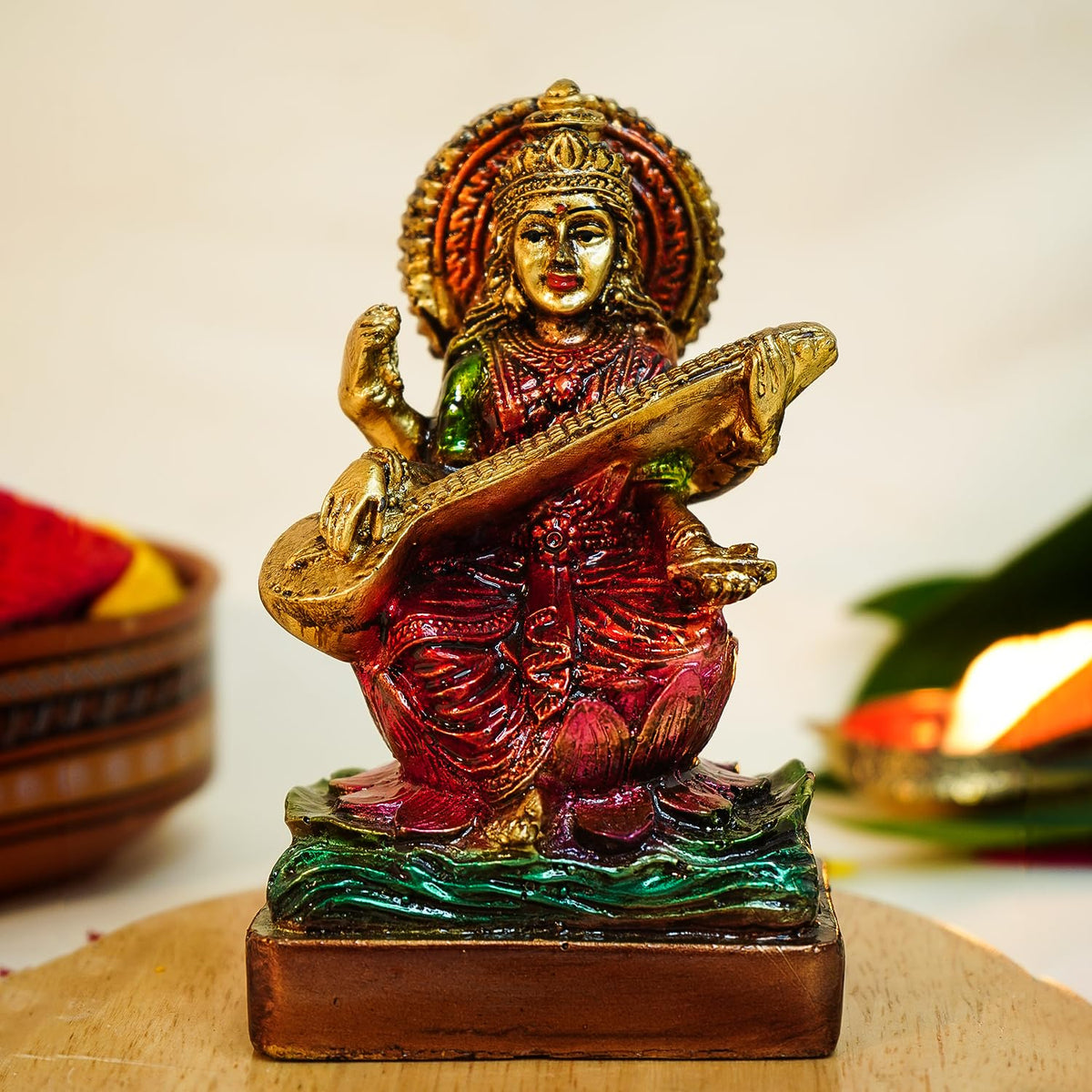 Ekhasa Aura Series Antique Gold Painted Maa Saraswati Idol (5 inch) | Marble Dust Saraswati Maa Murti for Study Table, Pooja, Home | Resin Saraswathi Devi Pital Idol | Saraswati Statue for Gifting