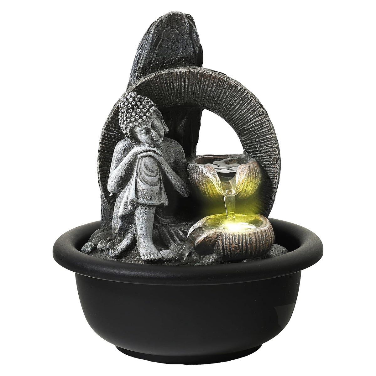 Gleevers Tabletop Buddha Fountain 16x16x19cm | Polyresin LED Water Feature | Home/Office Decor Showpiece | Grey | Housewarming Gift | Small Pack