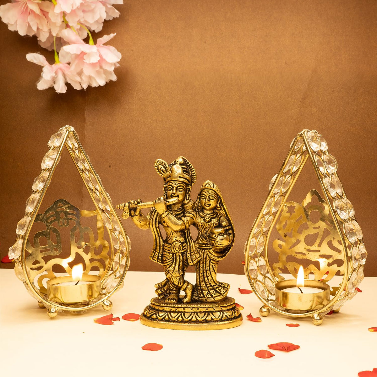 Ekhasa 100% Pure Brass Radha Krishna Murti & Ganesh Tealight Candle Holder (12.8cm) | Radha Krishna Statue | Radha Krishna Idol for Gift | Radhe Krishna ki Murti for Pooja Room, Home Decor (Combo Set)