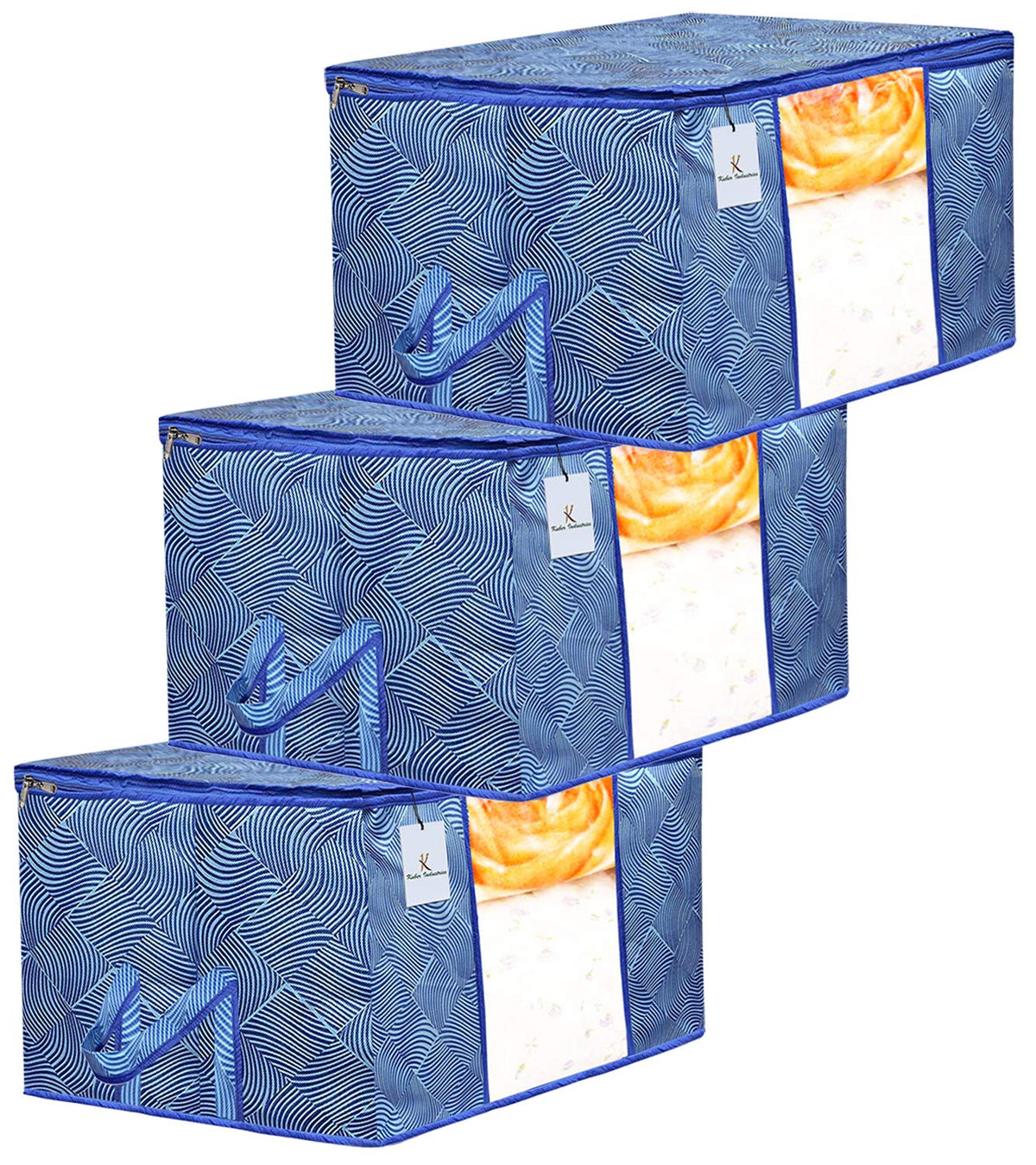 Kuber Industries Laheriya Design Non Woven Underbed Storage Bag|Large Storage Organiser|Blanket Cover with Transparent Window|Size 65 x 47 x 34 CM (Blue)-CTKTC134508