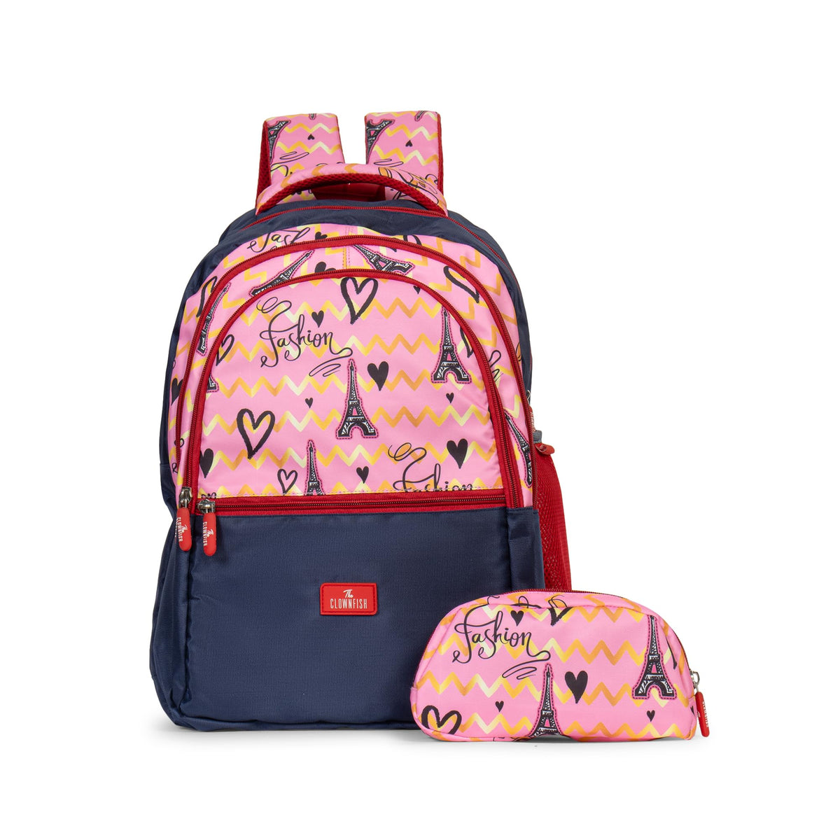 THE CLOWNFISH Edutrek Series Printed Polyester 33.5 L School Backpack with Pencil/Stationery Pouch School Bag Zip Pocket Daypack Picnic Bag For School Going Boys & Girls Age-10+ years (Pink - Eiffel)