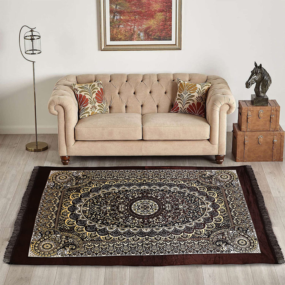 Kuber Industries Carpet|Water Absorption Kalamkari Paisley Pattern Floor Mat|Velvet Sitting Carpet for Hall, Living Room, 5x7 Feet (Brown)