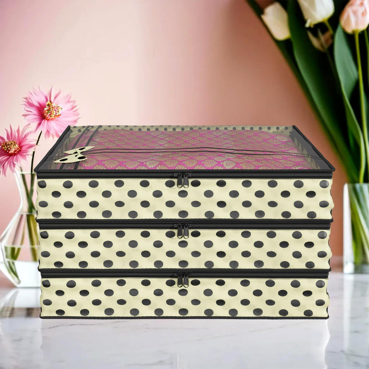 Heart Home Saree Cover | Zip Closure Saree Cover | Clothes Storage Bag | Wardrobe Organiser | Transparent Window Saree Cover | Leaf-Bow-Design | 9 inch | Pack of 9 | Cream