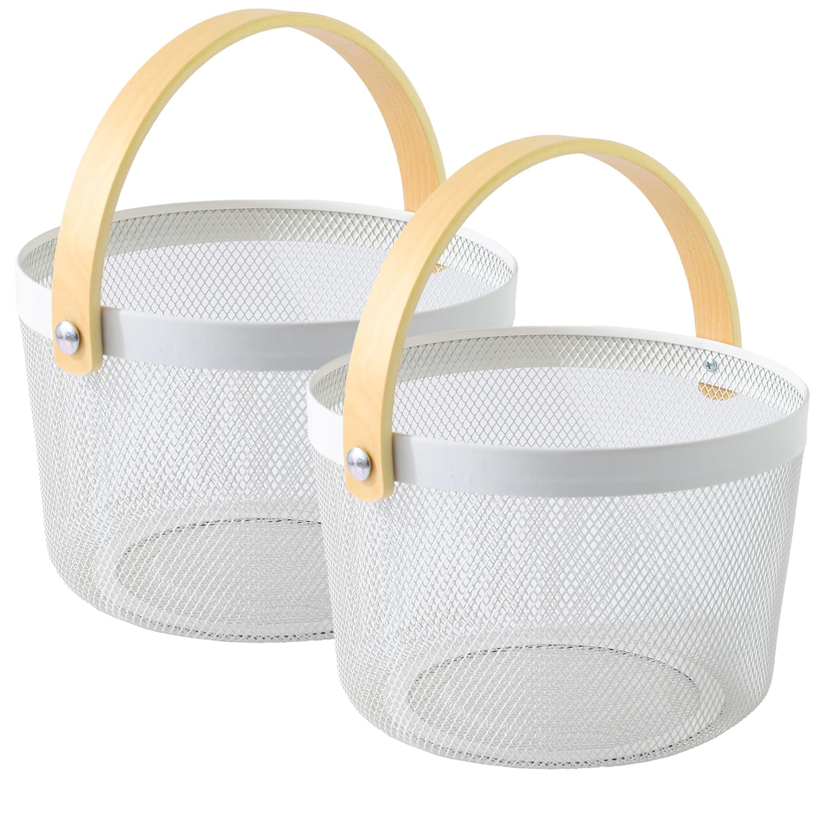 UMAI Metal Mesh Baskets for Storage with wooden handle | 400g | Fruit basket & Vegetable basket for kitchen | Kitchen Organizer | Baskets for organizing home | White | Pack of 2 | Multipurpose