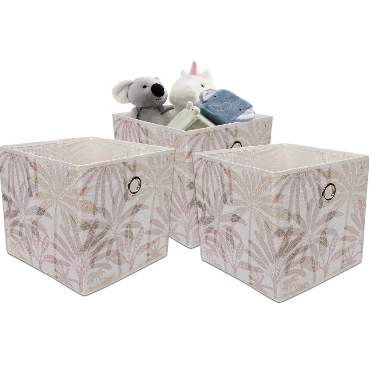 Anko Australia Printed Foldable Storage Cube- Set of 3 | Sturdy Durable Fabric | Strong Eyelets | Fan Palm Print | Storage Box for Saree, Shirts, Woolens, Books, Toys | 10.6 x 10.6 x 10.6 Inch