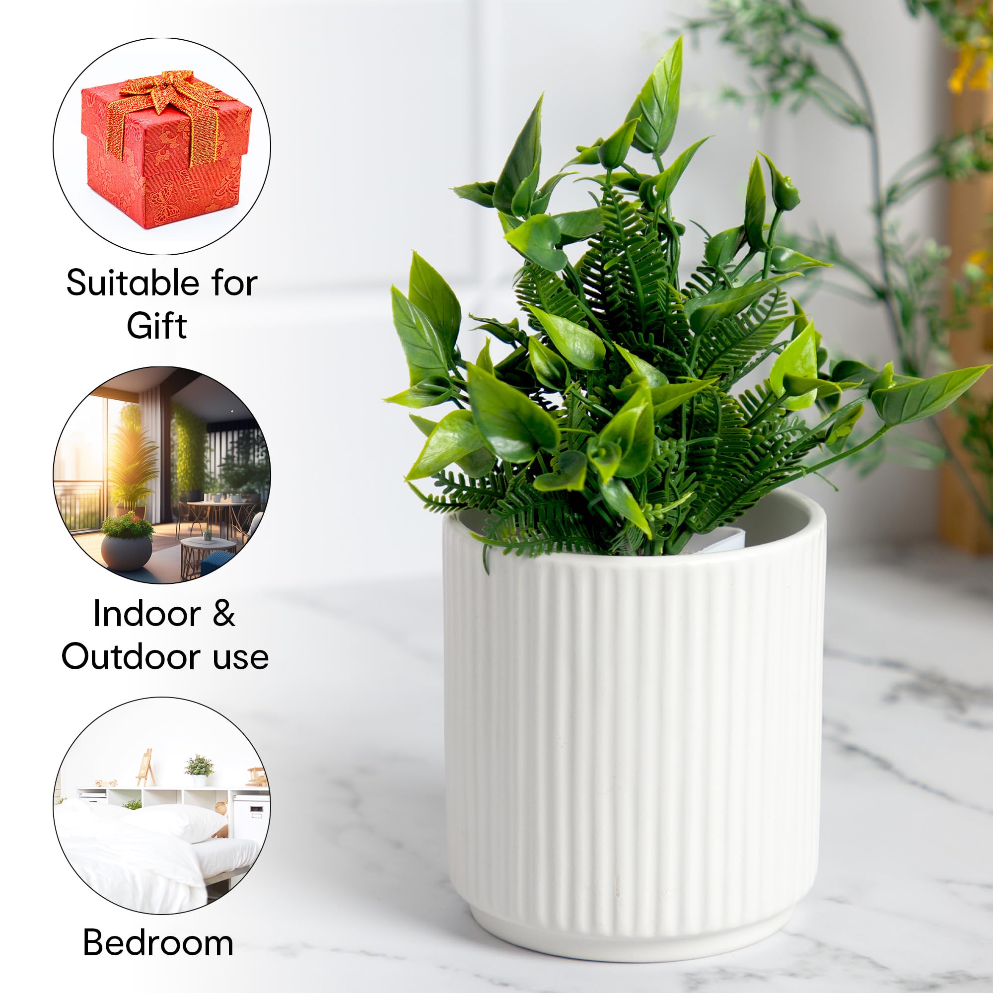 small white indoor plant pots Anko White Linear Pot - Small | Ceramic Pot with Linear Design |Ideal for Indoor Plants |Planter for Home, Office, Garden, Balcony