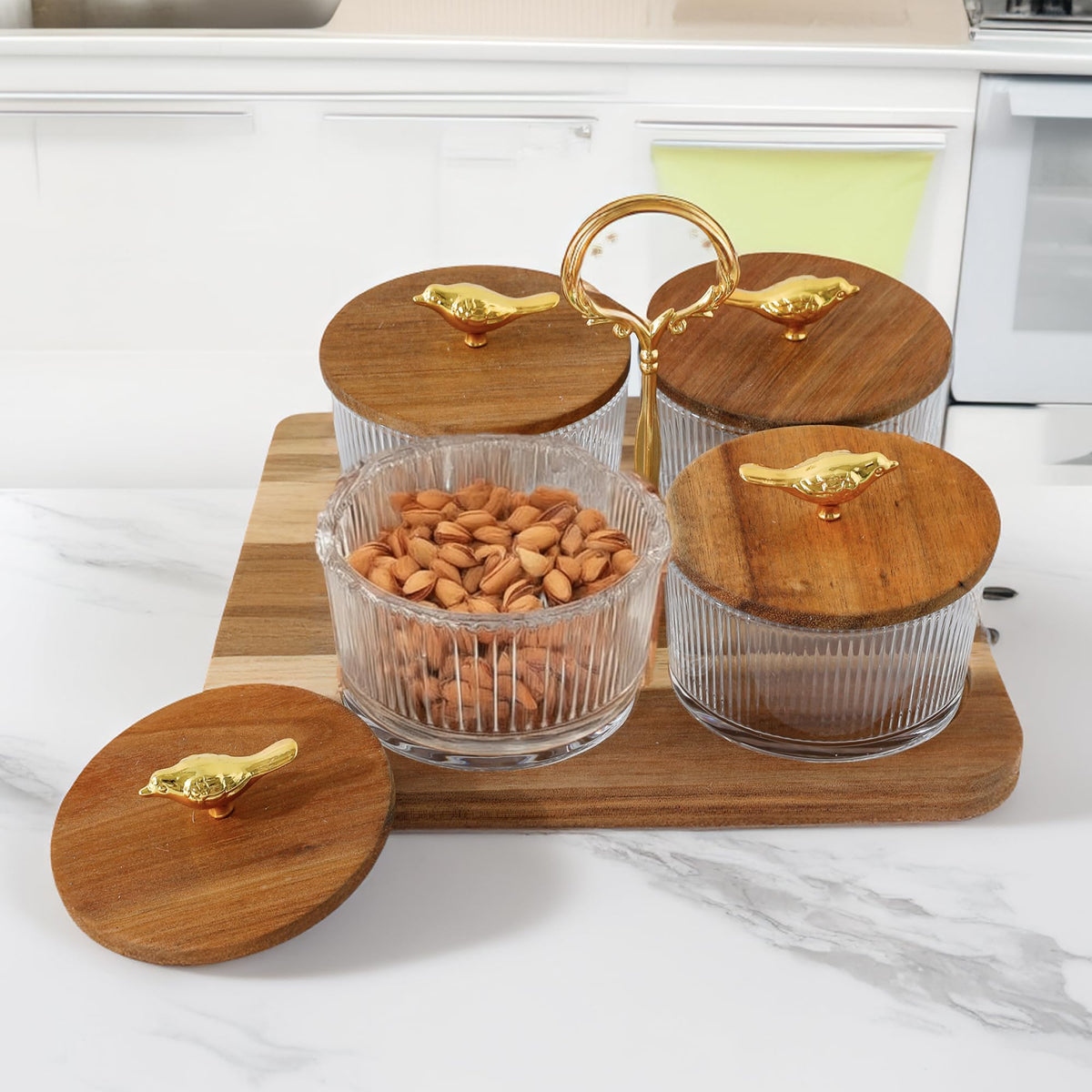 UMAI Platters Serving Set For Snacks With Wooden Tray & 4 Jars (160ml each) | Premium Soda Lime Glass | Snacks Serving Bowls With Tray | Serving Tray With Bowls For Snacks (Design 1)