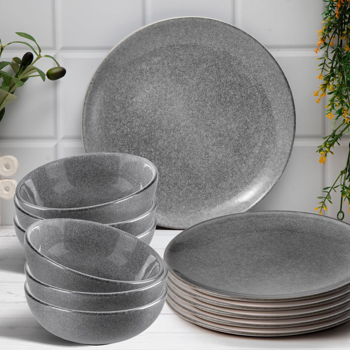 Anko Glazed Stoneware 12 pcs Dinner Set | Premium Crockery for Dining Table, Home, Restaurant, Gifting | Aesthetic Tableware Service Set for 6 | 6 Dinner Plates, 6 Bowls, Grey