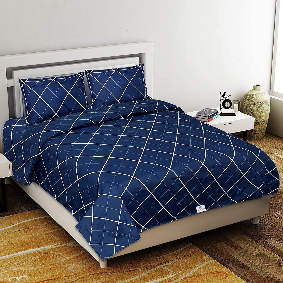 Heart Home Geomatric Design Glace Cotton 144 TC King Size Double Bedsheet with 2 Pillow Covers (Blue), Full (HS_37_HEARTH020129)