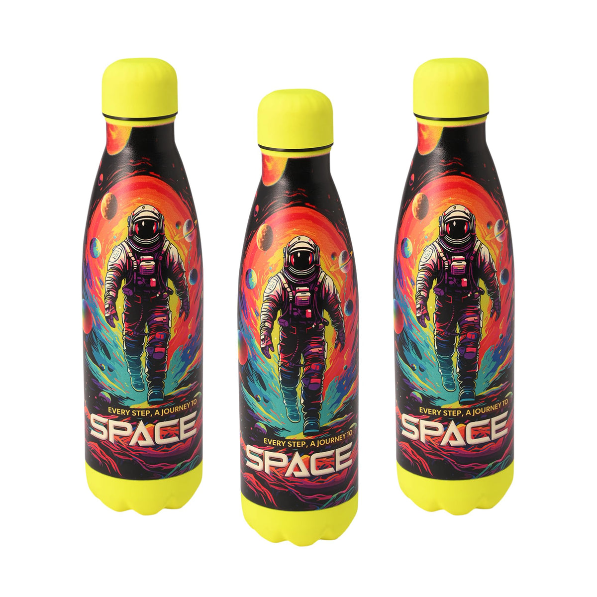 Kuber Industries 500 ml Water Bottle with 2 Lids | Journey To Space | Stainless Steel Bottle for Travel & Sports | BPA-Free Insulated Sipper Bottle for Adults & Kids with Straw | Multicolor|Pack of 3