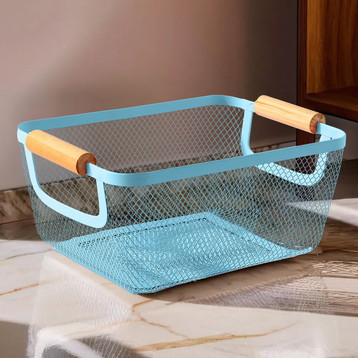 UMAI Metal Mesh Basket for Storage with Wooden Handles (Blue - 360 Gms) | Organisers Storage Box for Clothes | Storage Baskets | Cloth Organizer for Wardrobe | Bathroom Organiser | Picnic Basket |