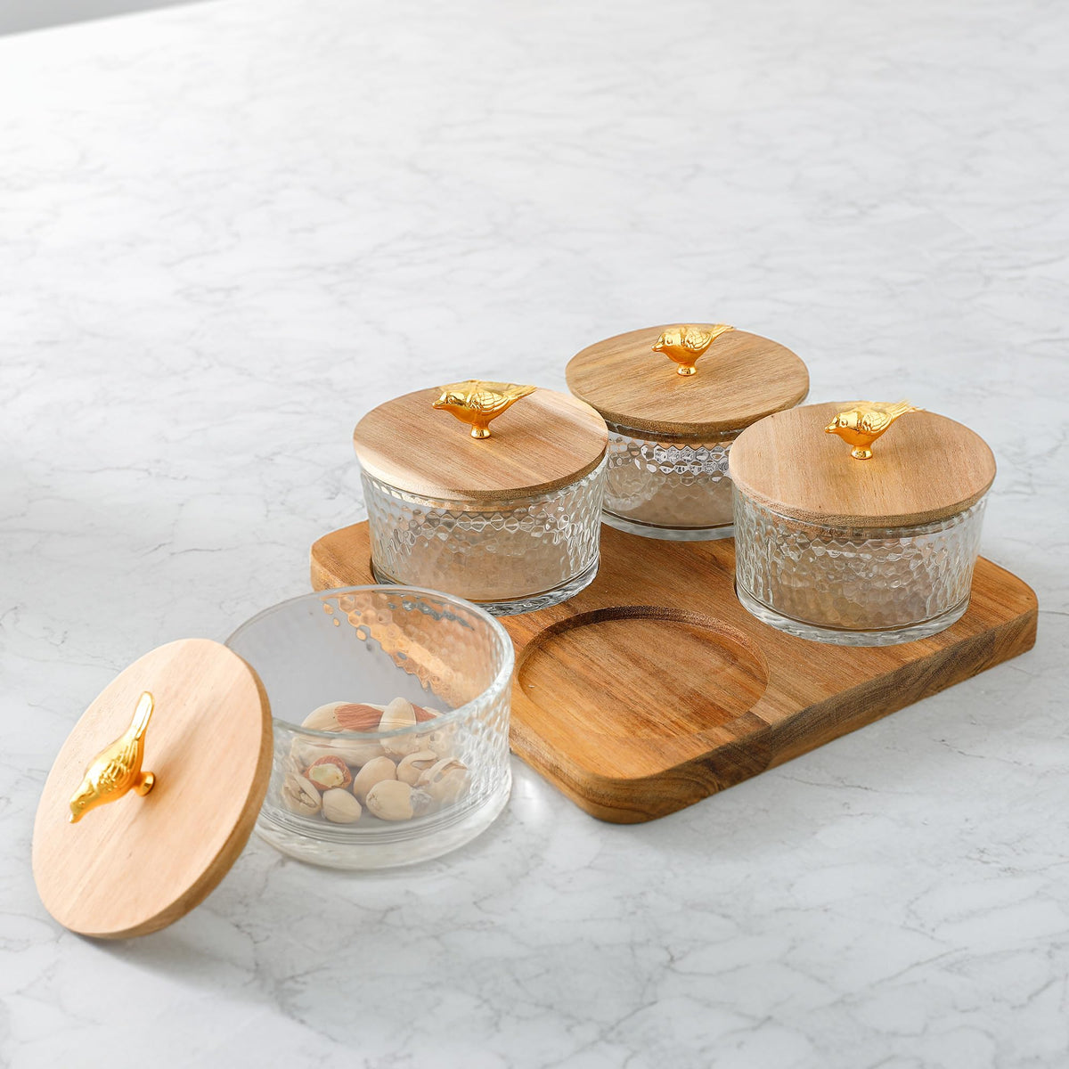 UMAI Platters Serving Set for Snacks with Wooden Tray & 4 Jars (180ml Each) | Premium Soda Lime Glass | Snacks Serving Bowls with Tray | Serving Tray with Bowls for Snacks