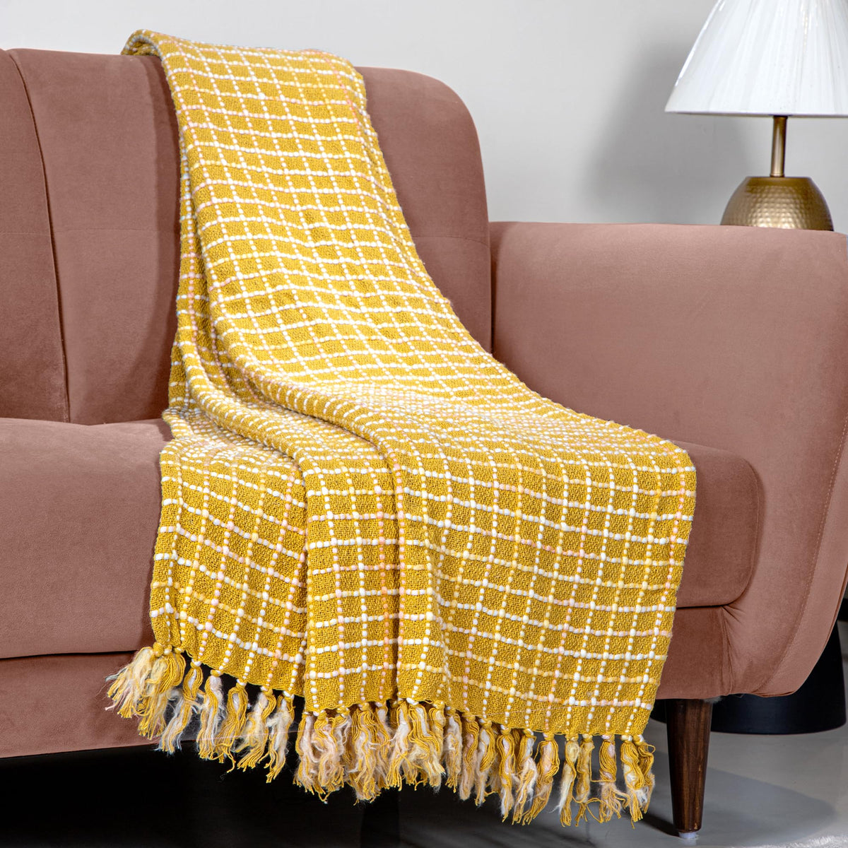 Anko Ellis Cotton Throw for Living Room, Bed, Couch, Chair, Gift | Soft & Cozy Decorative AC Blanket | Breathable Ultra Soft & Lightweight Sofa Runner Quilt with Tassles |152 x 127cm, Mustard