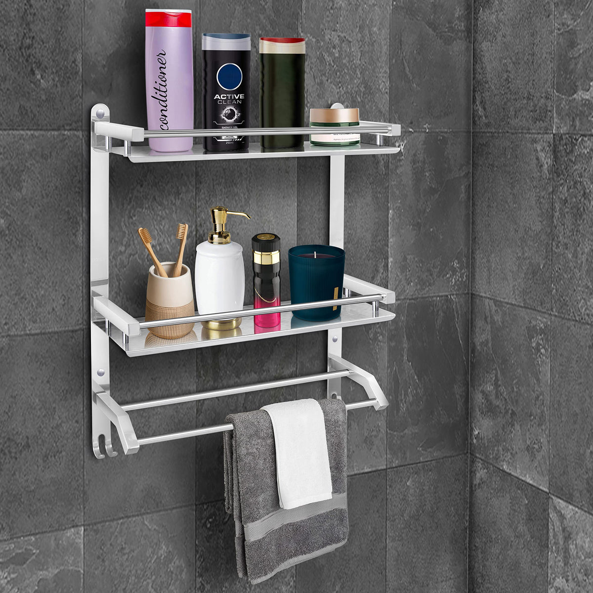 Plantex Bathroom Stand for Wall Mount/Stainless Steel Bathroom Shelf - with Hooks, 2 Towel Rods/Hanger/Bathroom Fittings Accessories Set (3-Tier, Chrome)