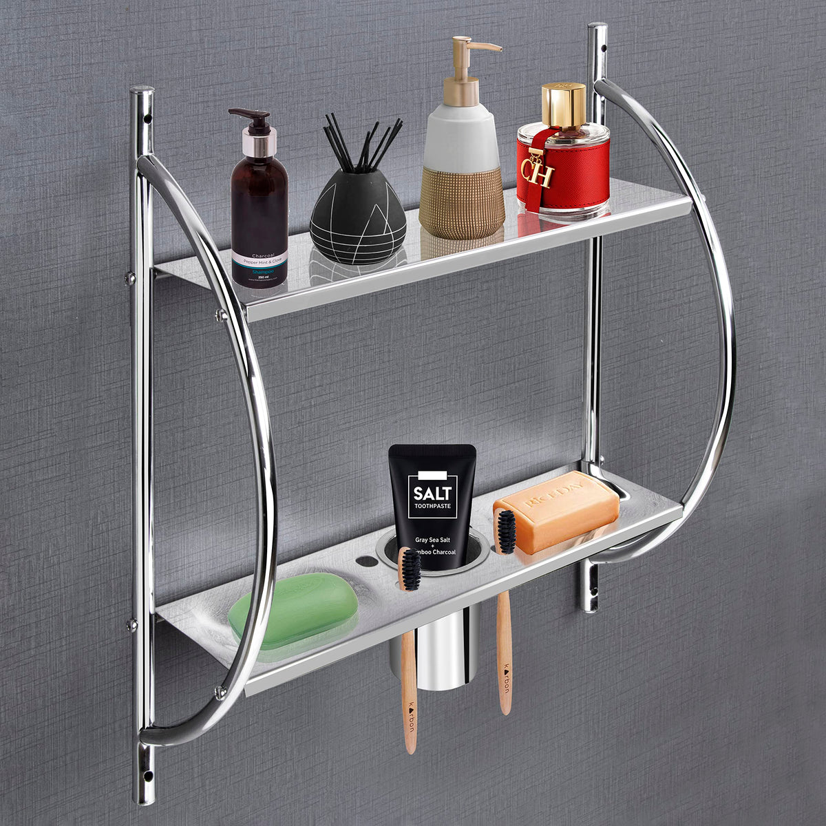 Plantex Stainless Steel Multipurpose Bathroom Shelf/Rack for Bathroom with Tumbler Holder, Double Soap Dish Wall Mount - Bathroom Accessories (2 Tier - Chrome Finish)