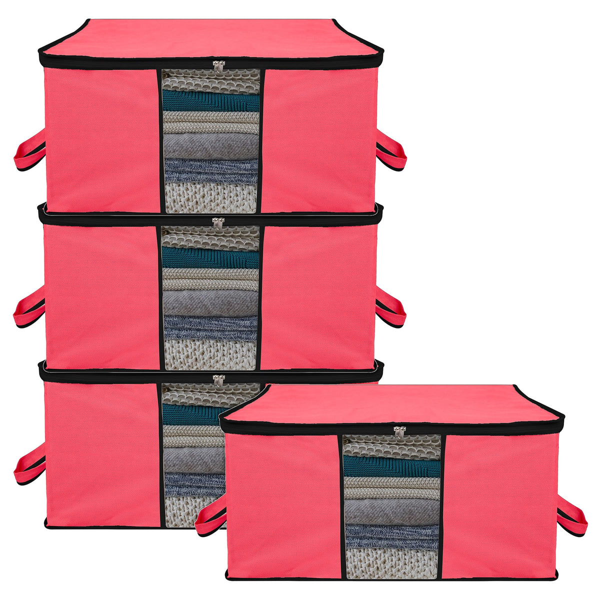 Kuber Industries Underbed Storage Bag | Clothes Storage Organizer | Blanket Cover with Clear Window | Zipper Closure & Handle Cloth Organizer | Plain Black Border | Large | Pack of 4 | Pink