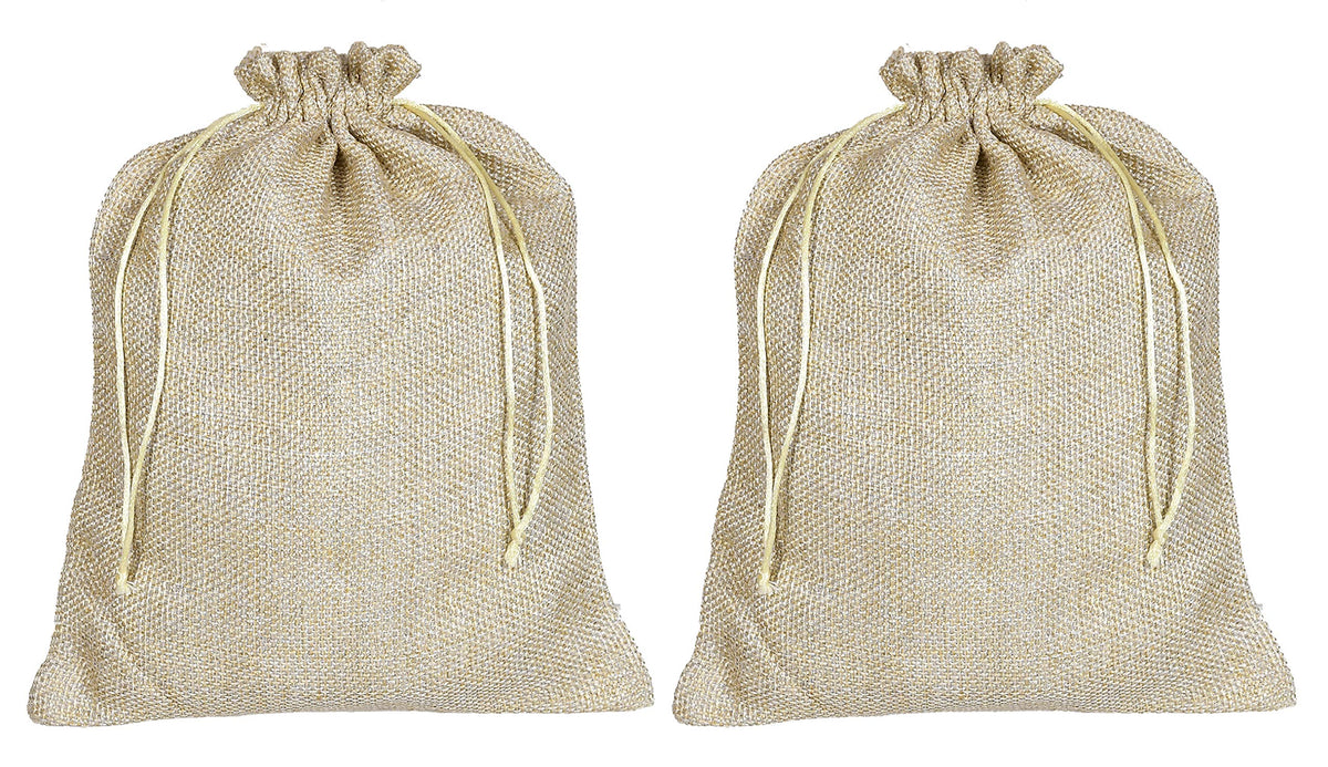 Kuber Industries Jute Small Size Gift Bags with Drawstring for Gifts Jewelry and Storage-Pack of 2 (Gold)