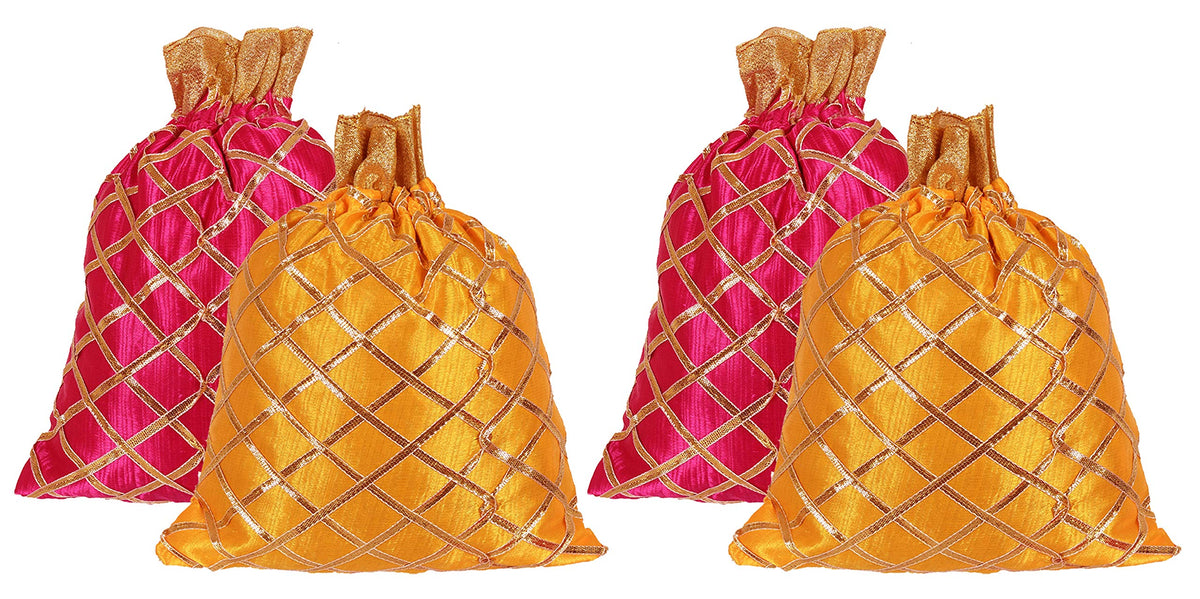 Kuber Industries Drawstring Potli Bag Party Wedding Favor Gift Jewelry Bags-Pack of 4 (Pink & Yellow)