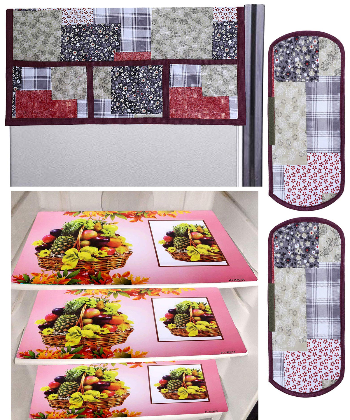 Kuber Industries Fruit Basket Design 3 Pieces PVC Fridge Mats,2 Piece Handle Cover and 3D Checkered Design 1 Piece Fridge Top Cover (Maroon) - CTKTC39838, Standard