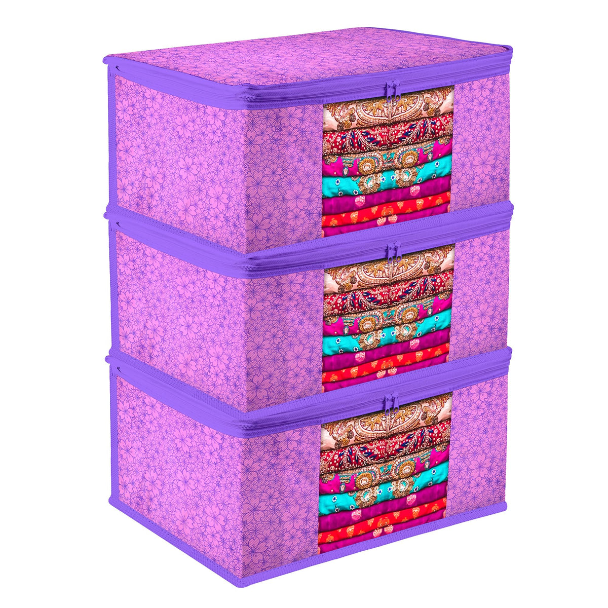 Kuber Industries Saree Cover | Zip Closure Saree Cover | Clothes Storage Bag | Wardrobe Organiser | Transparent Window Saree Cover | Flower-Design | 9 inch | Pack of 3 | Purple