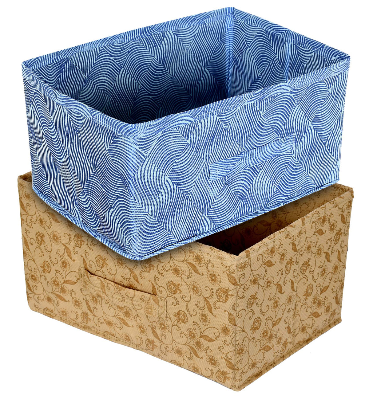 Kuber Industries Laheriya Metalic Print Non Woven Fabric Modular Closet Organizer Box with Handle for Cube Storage Units in Closet,Set Of 2(Blue & Beige)-KUBMART15997