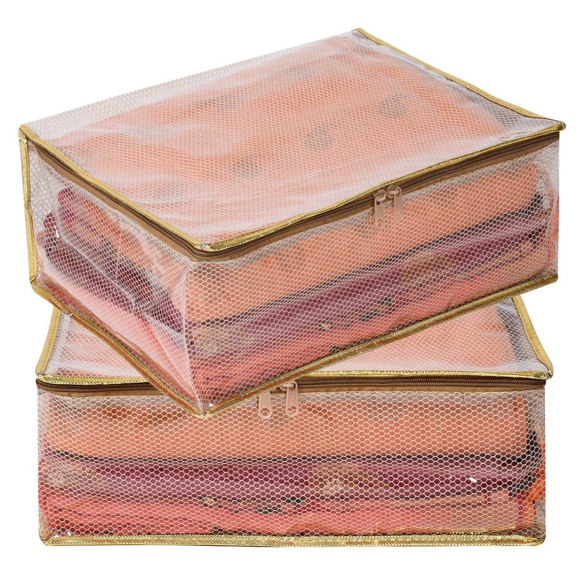 Kuber Industries Saree Cover | Clothes Storage Bag | Storage Organizer Bag | Zip Closure Saree Cover | Wardrobe Organizer | Mesh Transparent Saree Cover | 6 Inch | Pack of 2 | Golden