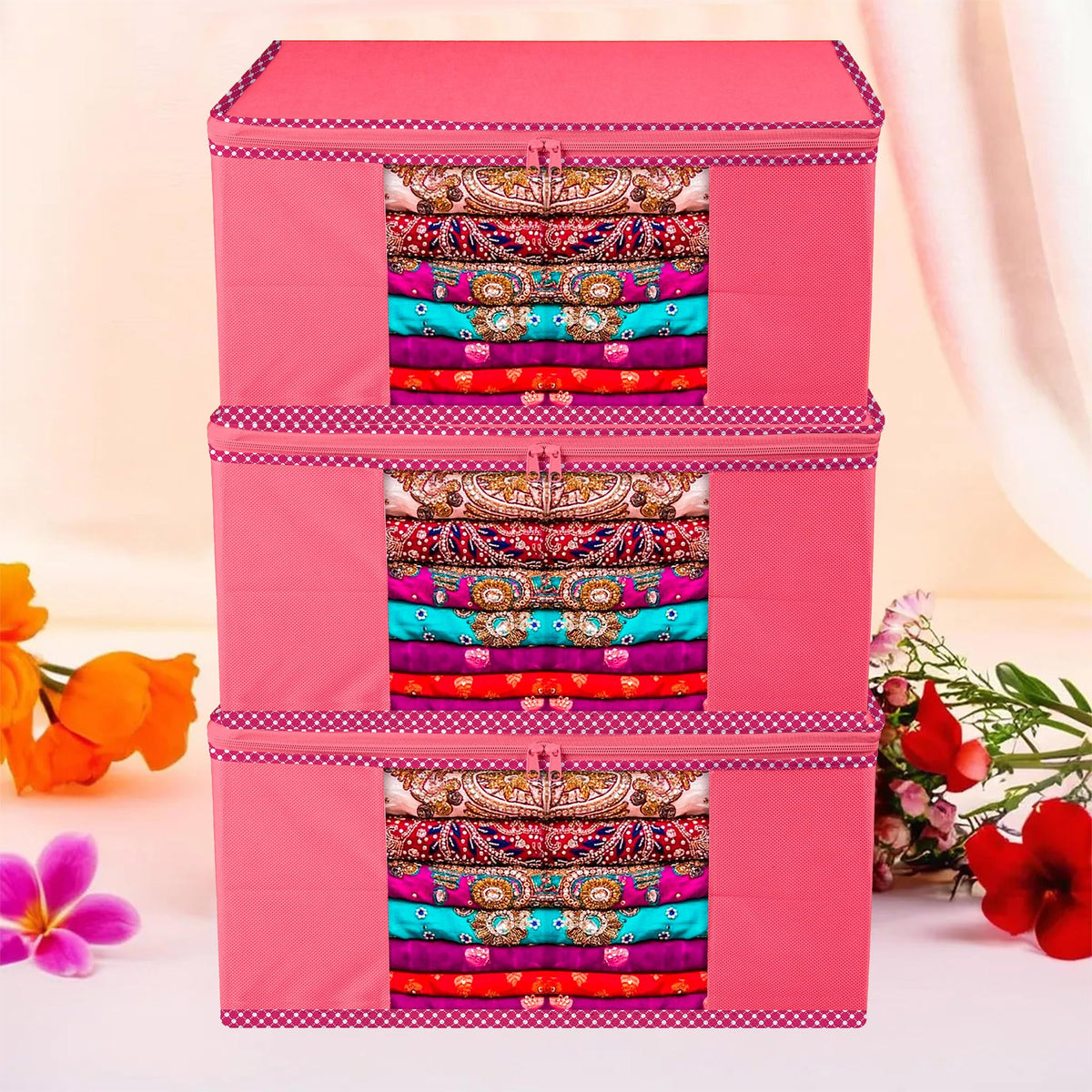 Kuber Industries Saree Cover | Zip Closure Saree Cover | Clothes Storage Bag | Wardrobe Organiser for Suit | Transparent Window Saree Cover | Dot Border-Design | 9 inch | Pack of 3 | Pink