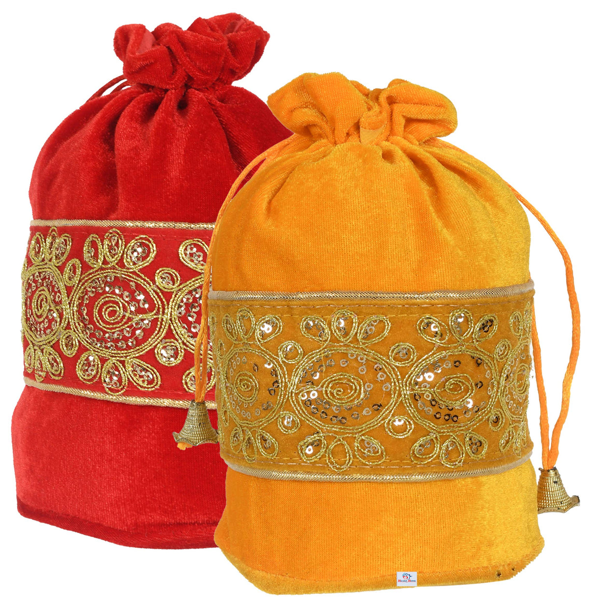 Heart Home Embroidered Design Drawstring Potli Bag Party Wedding Favor Gift Jewelry Bags-Pack of 2 (Red & Yellow)