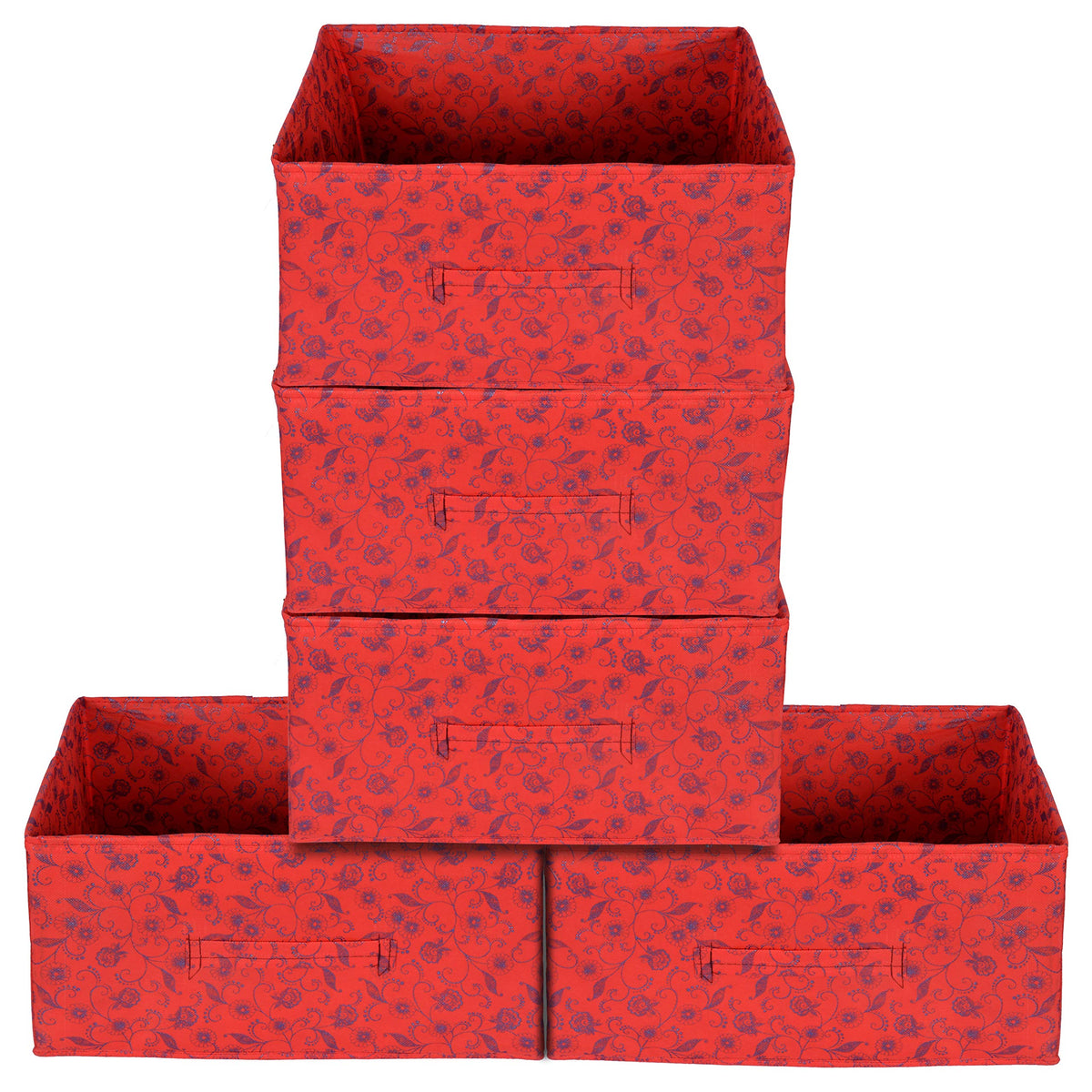 Kuber Industries Metalic Floral Print Non Woven Fabric 5-Drawer Storage and Cloth Organizer Unit for Closet (Red)-KUBMART1188