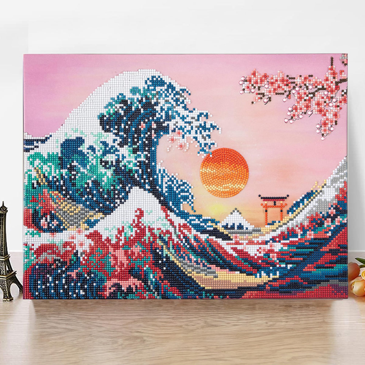 UMAI 5D Diamond Painting Kit | 50 x 40 CM| DIY Home Decor Items for Living Room| Gift for Kids and Adults | Japanese Ocean Wave with Cherry Blossom Tree Backdrop Sunset Painting