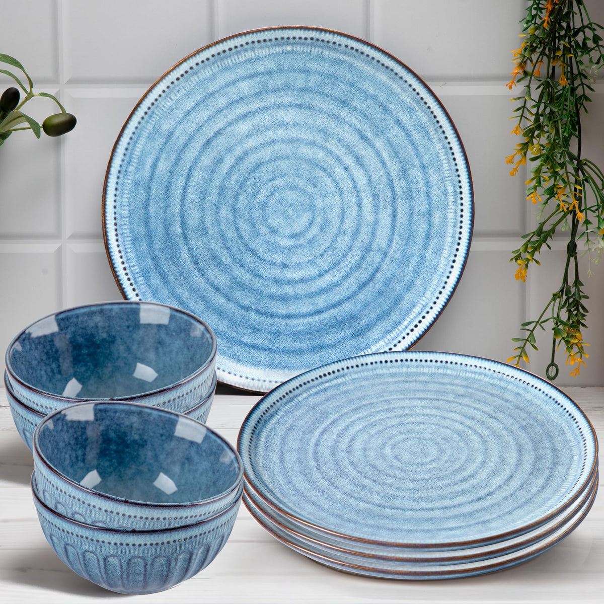 Anko Maison Stoneware 8 pcs Dinner Set | Premium Crockery for Dining Table, Home, Restaurant, Gifting | Aesthetic Tableware Service Set for 4 | 4 Dinner Plates, 4 Bowls, Blue