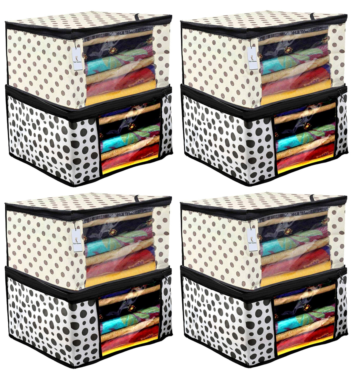 Heart Home Polka Dot Design Non Woven Saree Cover|Transparent Window & Zipper Closure|Regular Cloth Bag|Wardrobe Organiser Set|Pack of 8 (Cream & White)