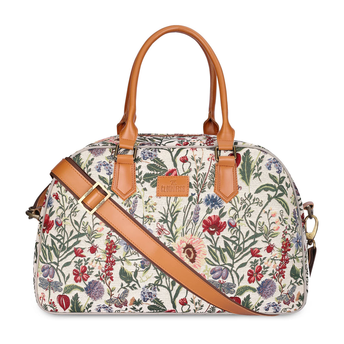 THE CLOWNFISH Unisex Adult Ziana Series 24 Litres Tapestry & Faux Leather Travel Duffle Bag Luggage Weekender Bag (Flax), Brown(L) 47 x (W) 17 x (H) 30 cm.