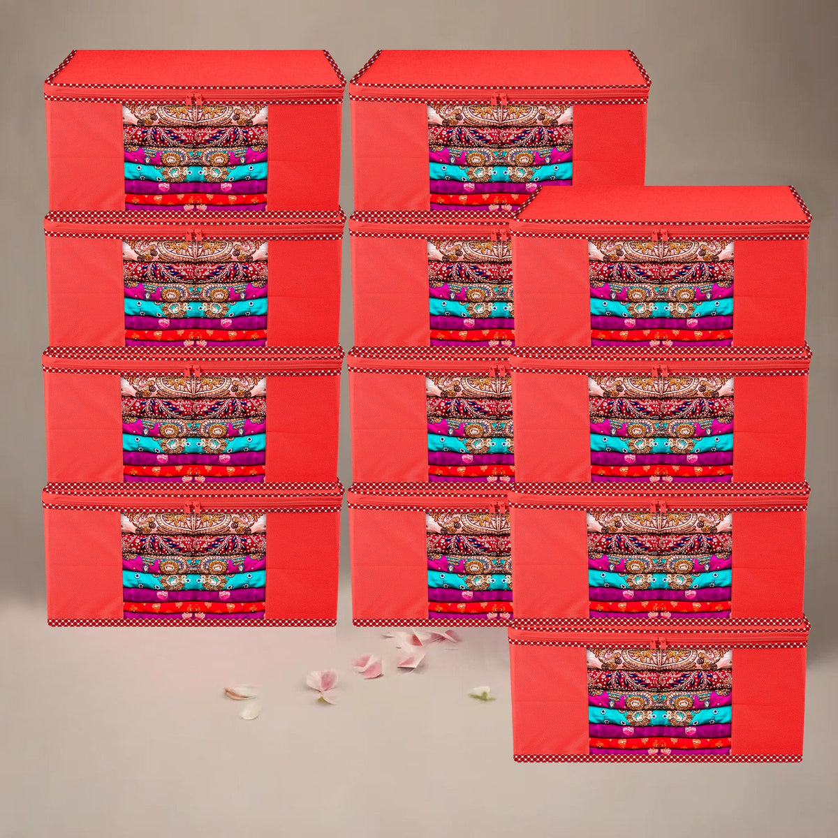 Kuber Industries Saree Cover | Zip Closure Saree Cover | Clothes Storage Bag | Wardrobe Organiser for Suit | Transparent Window Saree Cover | Dot Border-Design | 9 inch | Pack of 12 | Red