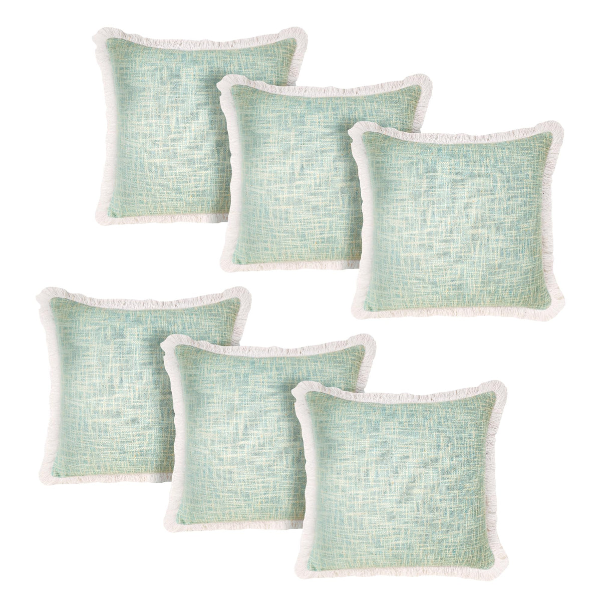 Anko 100% Cotton Square Cushion Covers Set of 6 | Textured Cushion Covers with Fringes for Sofa & Bed (Without Filler) | Jade | 43 Cm (L) x 43 Cm (W) Each (6 Pc)