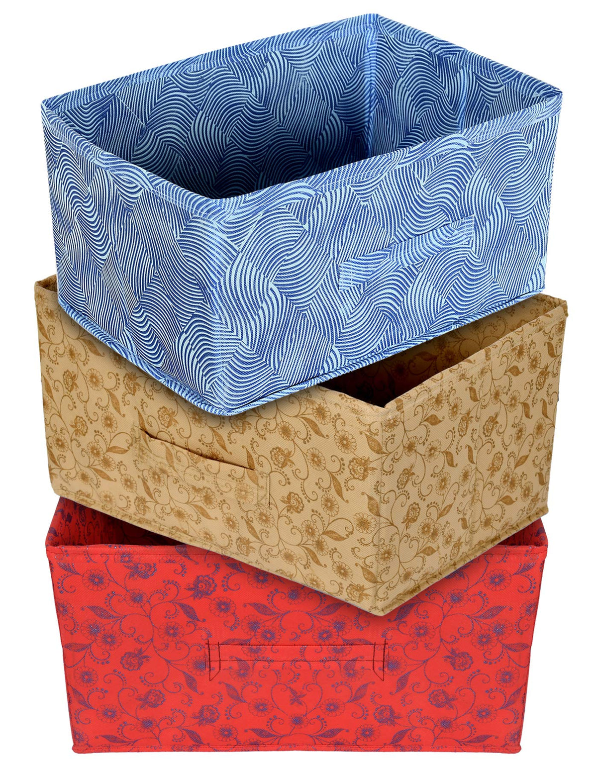 Kuber Industries Laheriya Metallic Print Rectangular Non Woven Fabric Modular Closet Organizer Box with Handle (Blue & Red & Beige, KUBMART15999, 42 x 29 x 22 cm), Set of 3