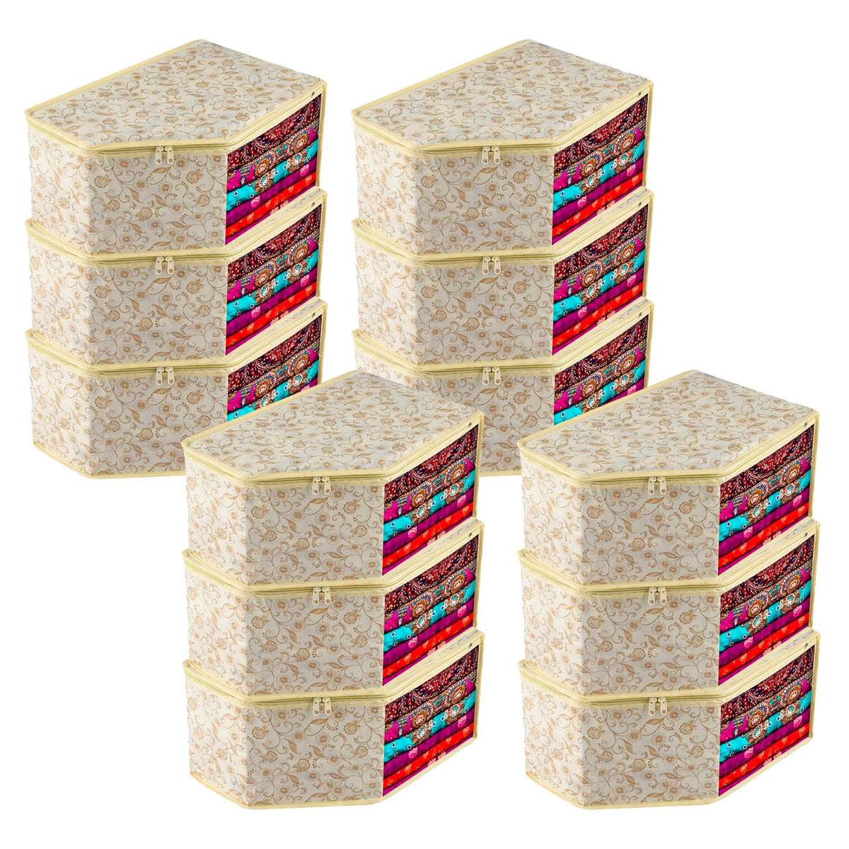 Heart Home Blouse Cover | Clothes Storage Bag | Zipper Wardrobe Organizers | Non-Woven Clothes Organiser | Side Transparent Blouse Organizer | Leaf-Design | Pack of 12 | Cream